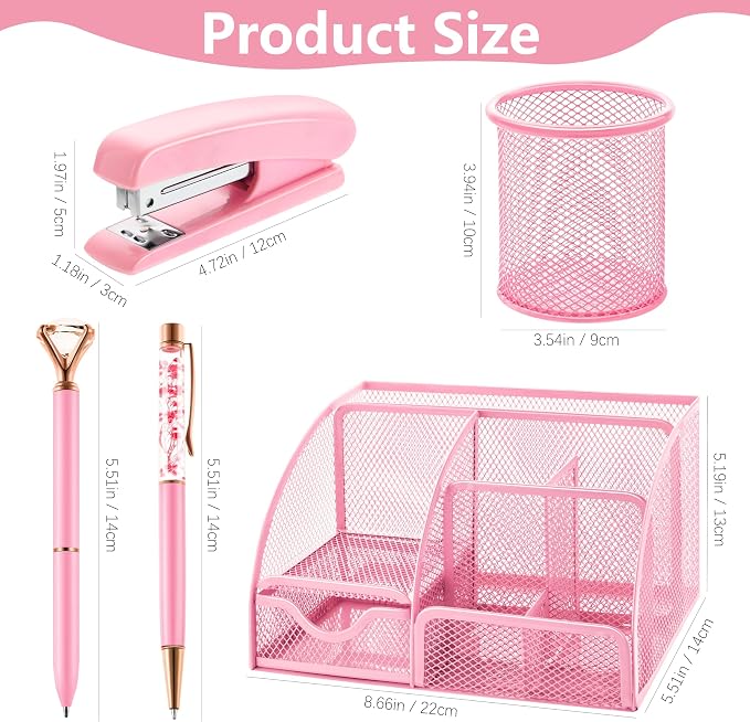 Fayoo 11 Pcs Pink Office Supplies Set Mesh Desk Organizer Accessories Kit include Stapler Tape Dispenser Staple Remover Clips Ruler Scissors Sticky Notes for Office School Home Women (Pink)