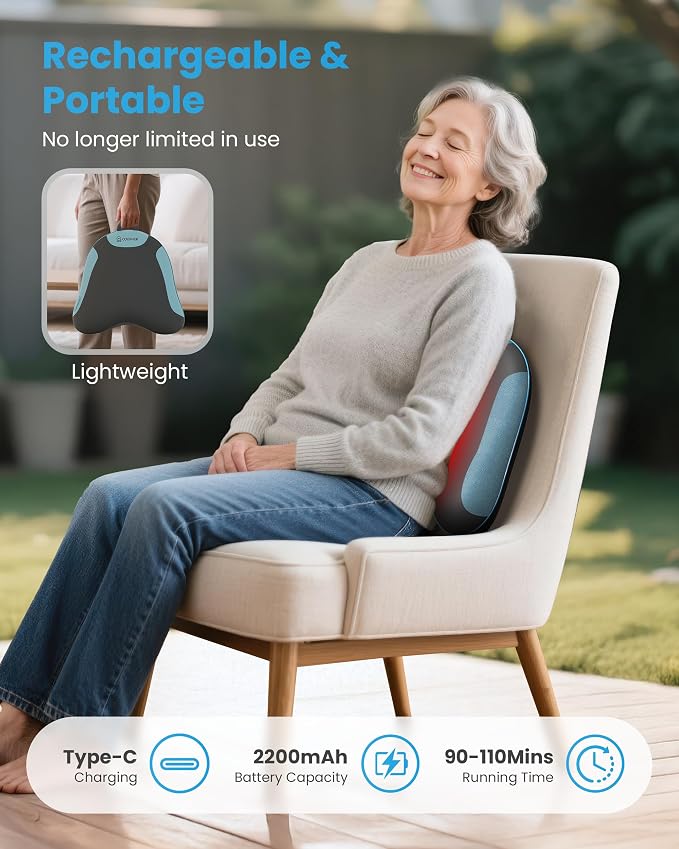 COMFIER Cordless Lumber Support Pillow for Office Chair, Lower Back Massager with Heat, Shiatsu Back Support Cushion, Rechargeable & Portable for Office, Home Use, Gift for Women