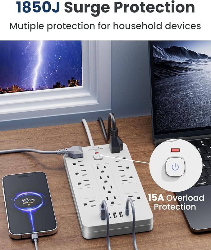 JouleLoom Surge Protector Power Strip-14 Outlets and 6 USB Ports, 20 Feet Flat Plug Extension Cord, 1850 Joules, White, ETL Listed for Home, Office, Dorm Room