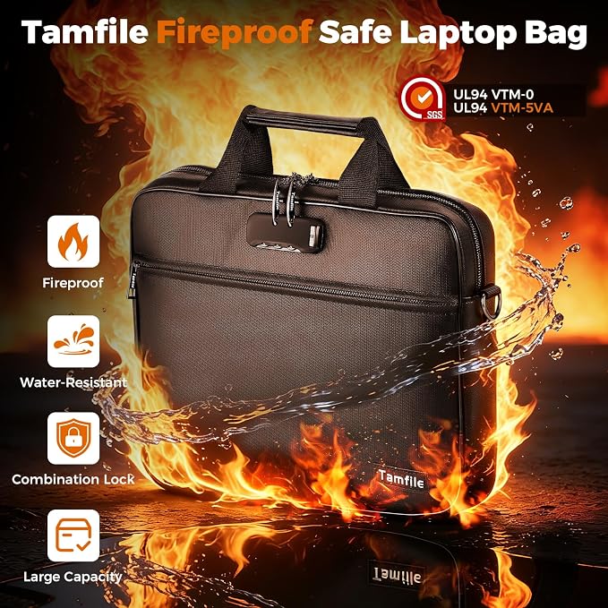 Tamfile Laptop Bag, 14 inch Fireproof Safe Messenger Bag for Laptop or Tablet, Computer Bag Safe Storage with Shoulder Strap and Handle, Shoulder Bag Carrying Case for Travel, Office, Home, Black