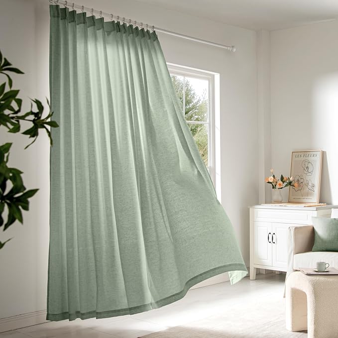 Memory Trained Pinch Pleated Curtains 108 Inches Long, Viral Linen Pinch Pleat Sheer Curtains with Ring Hooks&Clips for Track System Living Room, Sage Green Light Filtering Privacy Curtain 2 Panel Set
