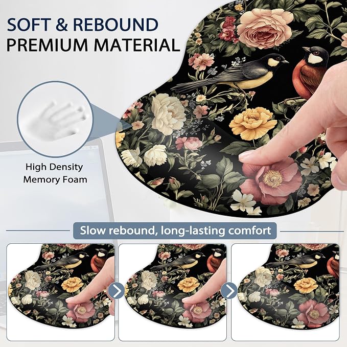 Vintage Rose Peony Floral Keyboard Wrist Rest Pad Ergonomic Mouse Pad Set,Bird 3 in 1 Memory Foam Mouse Pad with Non Slip Base for Office and Home