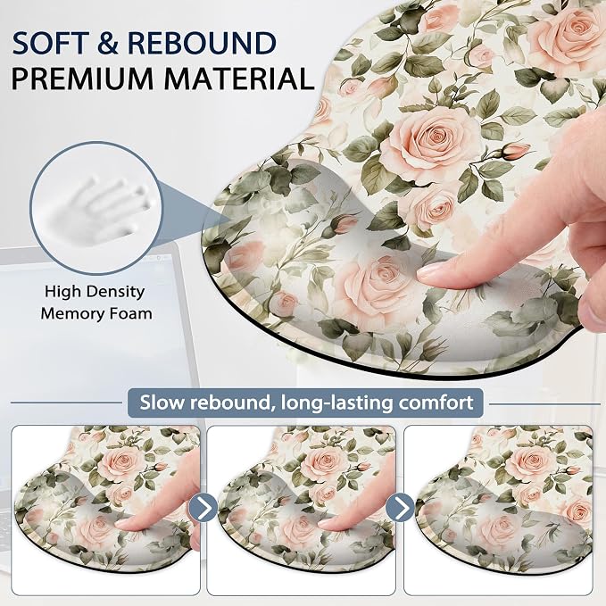 Pink Roses Keyboard Wrist Rest Pad Ergonomic Mouse Pad Set,Vintage 3 in 1 Memory Foam Mouse Pad with Non Slip Base for Office and Home