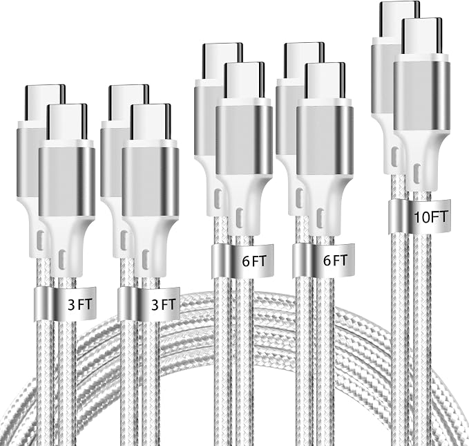 USB C to USB C Charger Cable, 5 Pack [3/3/6/6/10ft] Type C Fast Charging Cord High Data & Transfer Wire Compatible for iPhone 17/16/15 Plus/Pro Max iPad Pro Air Ps5 Controller Samsung Galaxy(Silver)