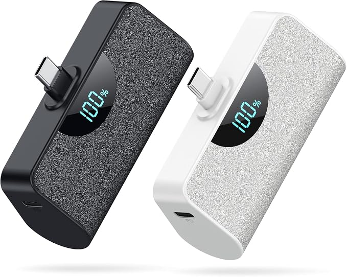 [2-Pack]Portable Charger for iPhone 17/16/15,5200mAh PD USB C Power Bank Built-in USB-C Connector,Battery Pack Compatible with iPhone 17/17 Pro/17 Pro Max/16/15 Series,Android-Graphite Black+White