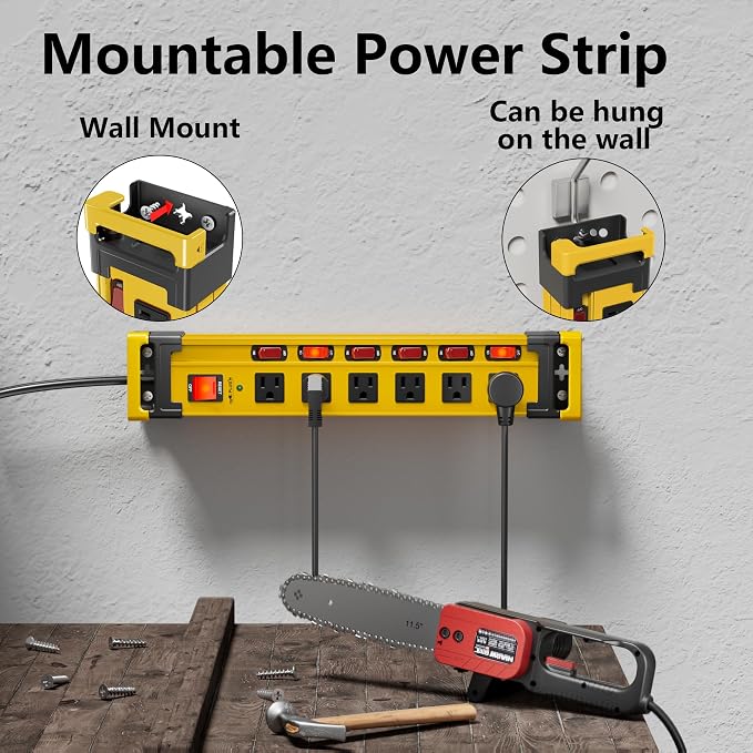 6 Outlet Heavy Duty 2700J Power Strip Surge Protector with Individual Switches Metal Mountable Power Strip with Flat Plug and Cord Manager, 6FT Long Extension Cord for Workshop, Workbench and Garage