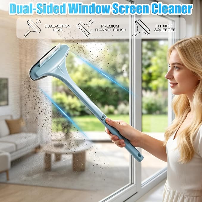 Window Screen Cleaner,2026New Upgraded 2in1 Detachable Window Cleaning Brush with Squeegee,Wet Dry Dual Use Multi-Functional Glass Net Cleaner Tool for Corners,Patio,Door,Porch Screens (Pink)