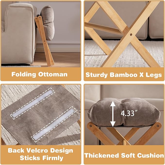 Baveke Folding Foot Stool, Small Accent Ottoman with Thick Cotton Cushion & Bamboo X Legs, Modern Padded Sofa Stool for Makeup Bedroom Living Room (Brown)