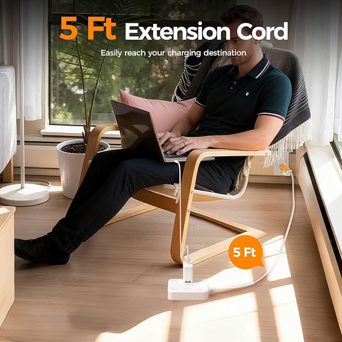 TESSAN 5Ft Grey Extension Cord with Multiple Outlets, 2100J Surge Protector Power Strip with 6 Outlets and 4 USB Ports (2 USB C), 1875W 15A, 20W Multi Outlet Extender for Home, Office, Dorm