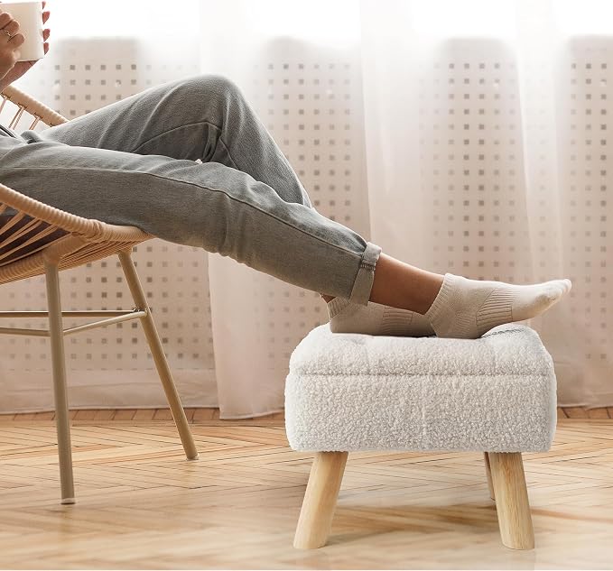 OGEMXU Storage Ottoman, Small Foot Stool Ottoman with Storage, Boucle Teddy Velvet Foot Rest with Padded Seat, Sturdy Wood Legs Stool for Living Room, Bedroom, Couch, Enterway (Cream)