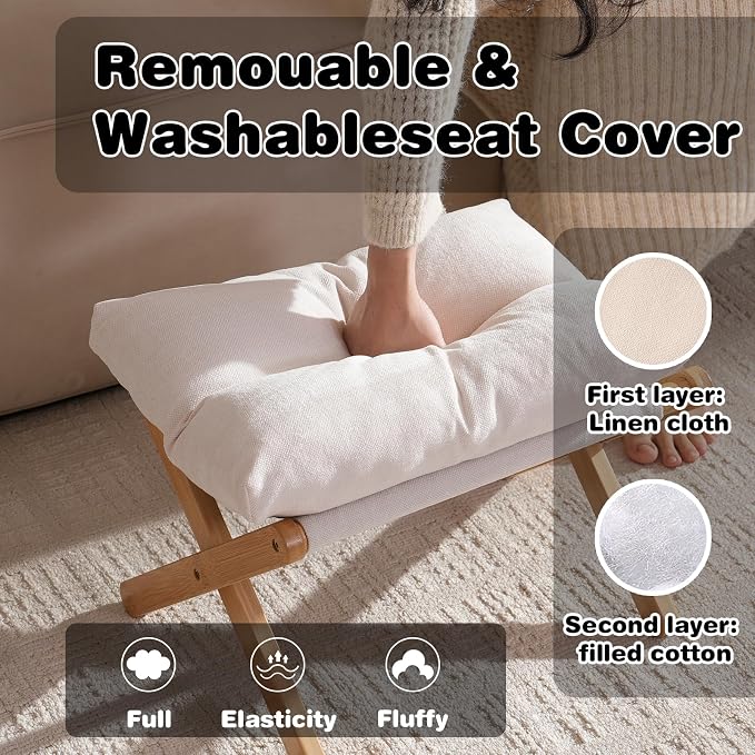 Baveke Ottoman Foot Rest- Bamboo Foldable Stool, Foot Stools Small Ottman with Upholstered & X Legs, Folding Shoe Bench, Bedroom and Living Room, Small Beige(FSC-Certified Bamboo)