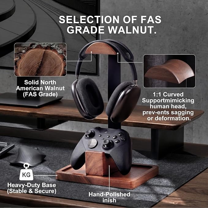Headset Stand with Gaming Controller Holder, Walnut Wood Headphone Stand with Storage Base, Gaming Equipment Accessories for Desk Fits Xbox PS5 PS4 PC Gaming
