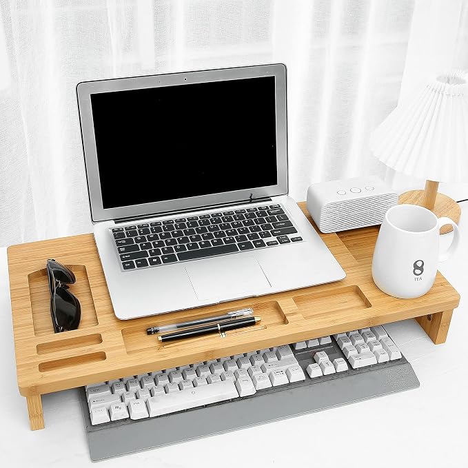 Vaiyer Bamboo Laptop Monitor Stand Riser - 23 Inch Wooden Desktop Storage Organizer Shelf for Computer Laptop Printer TV Cellphone Stand Desktop Monitor