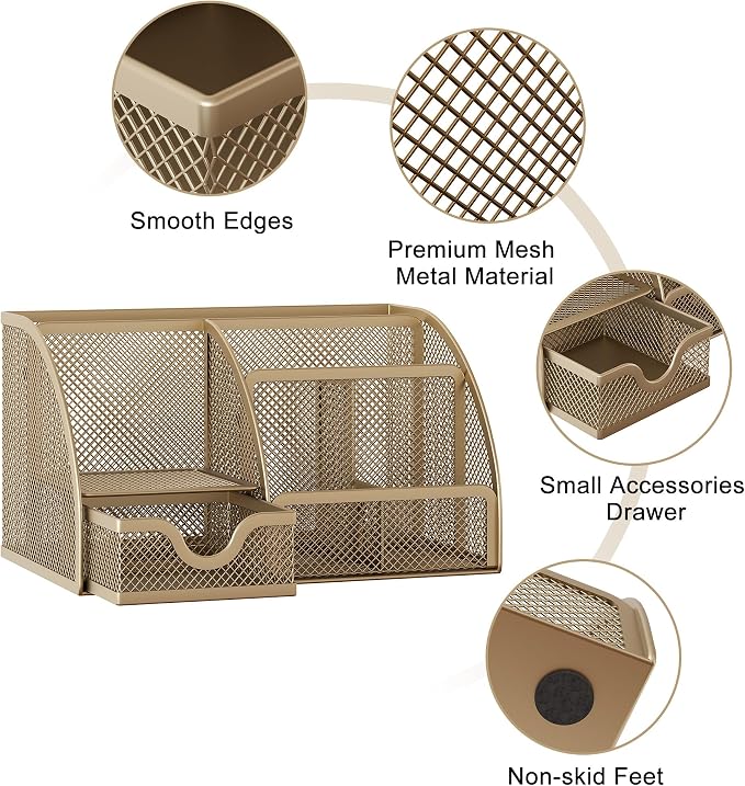 EasyPAG Mesh Desk Organizer with Drawer Multi-functional Pen Holder Stationery Organizer for Office School Supplies 6 Compartments Dorm Organizers and Storage for Desk, Gold