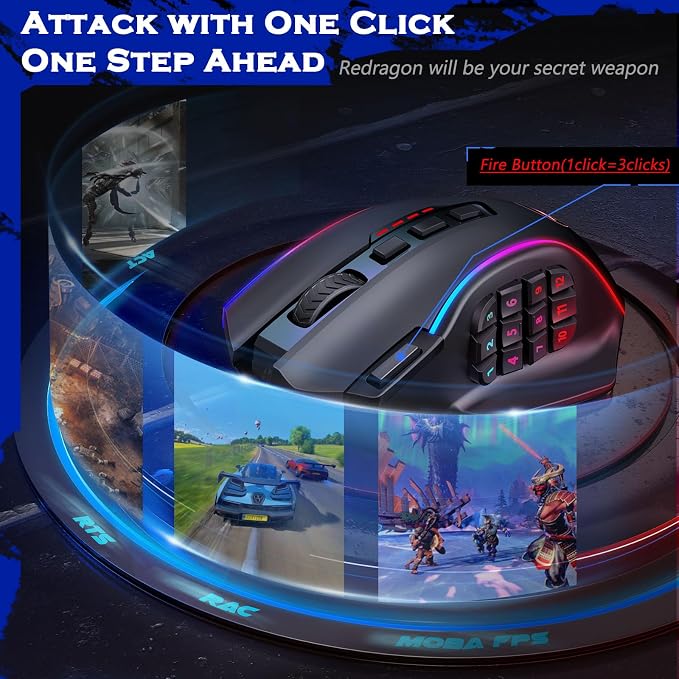 Redragon Wireless Gaming Mouse, MMO Gaming Mouse UP 16,000 DPI, 16 Macro Programmable Buttons, RGB Rechargeable with 12 Side Buttons, 70Hrs for PC Laptop MOBA FPS, M901P-KS