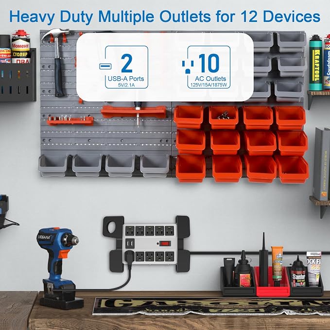 CCCEI Heavy Duty Power Strip with USB Ports, Garage 10 Outlets Surge Protector 2700 Joules, Industrial Workshop Metal 15Amp Multiple Outlets, 5 FT Extension Cord and Wide Spaced Grey.