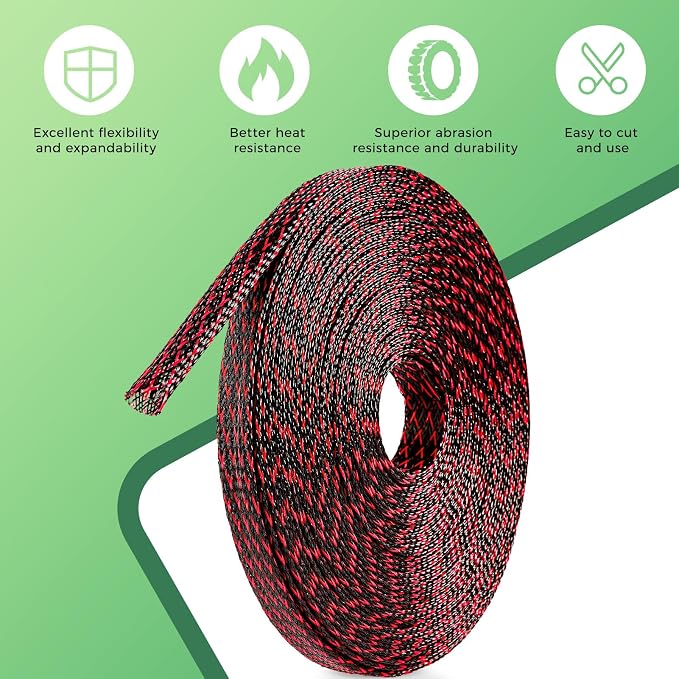 132 ft Expandable Braided Cable Sleeve Wire Loom PET Wire Sleeving，Wrap Management Mesh for Audio Video and Other Home Device Cable Automotive Wire - (1/2 Inch, 1/4 Inch, 3/8 Inch,3/4 Inch, Red)