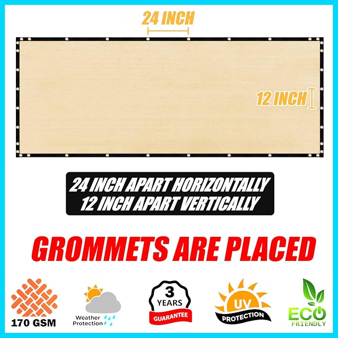 ShadeMart 6' x 76' Fence Privacy Screen Beige Heavy Duty 170 GSM Fencing Mesh Shade Net with Grommets & Zip Ties, 90% Blockage Fence Screen for Balcony Yard Outdoor Garden Pool (We Customize Size)