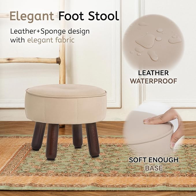 oakvivo 13in Small Foot Stool Ottoman, Round Faux Leather Foot Rest for Couch, Under Desk Pouf Footstool Footrest with Non-Skid Rubber Legs for Ling Room, Bedroom, 13''L x 13''W x 10.2''H, Beige
