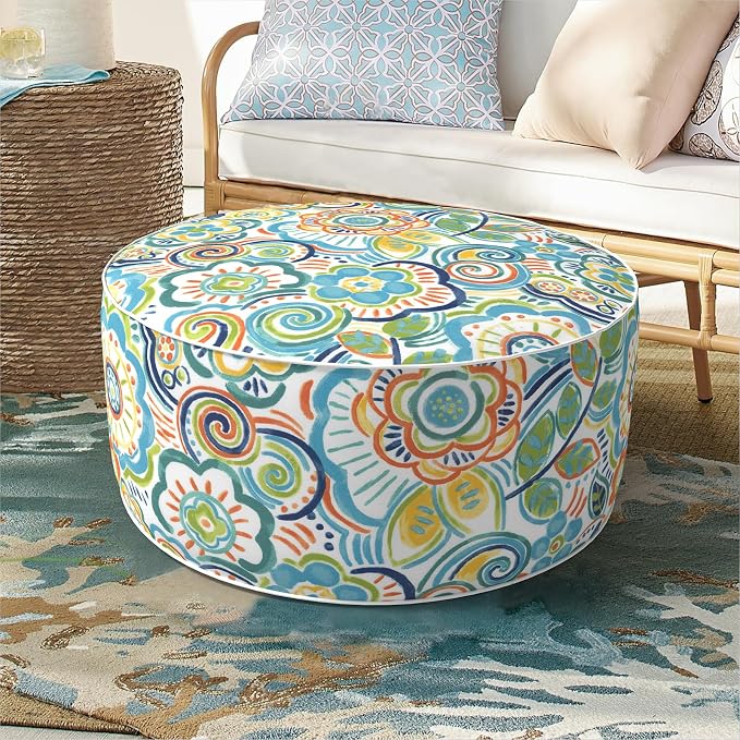 DYTXIII Inflatable Ottoman Stool D21 xH9 for Outdoor/Indoor Use, Water Repellent Patio Foot Rest Stool with Portable Handle,Round Pouf Ottoman Suitable for Garden,Deck and Camping - Flower Blue