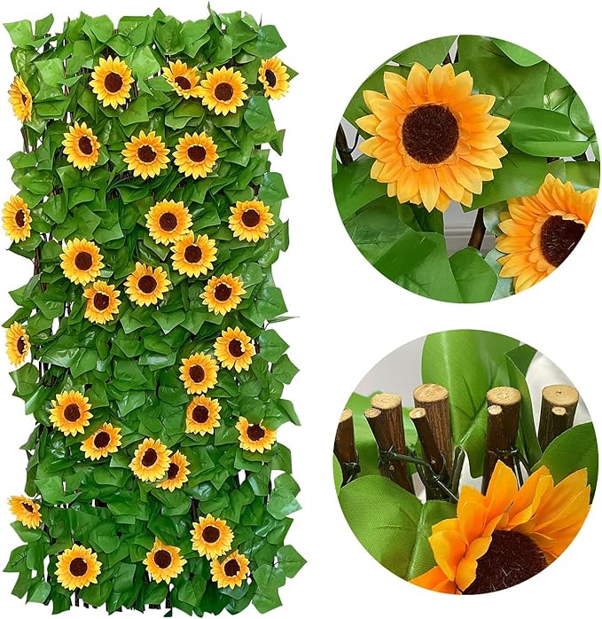 GLANT Expandable Fence Privacy Screen for Balcony Patio Outdoor,Decorative Faux Ivy Fencing Panel,Artificial Hedges (Single Sided Leaves) (1, Sunflowers)