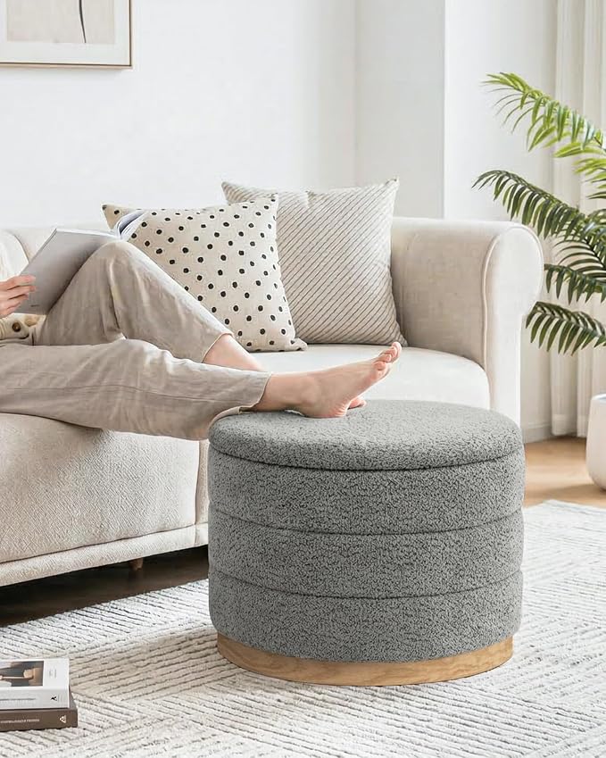 B FSOBEIIALEO Round Storage Ottoman with Tray, Folding Ottoman with Storage Coffee Table Foot Rest for Dorm Room Living Room Chenille Fabric,Grey,22.83"x22.83"x17.35"
