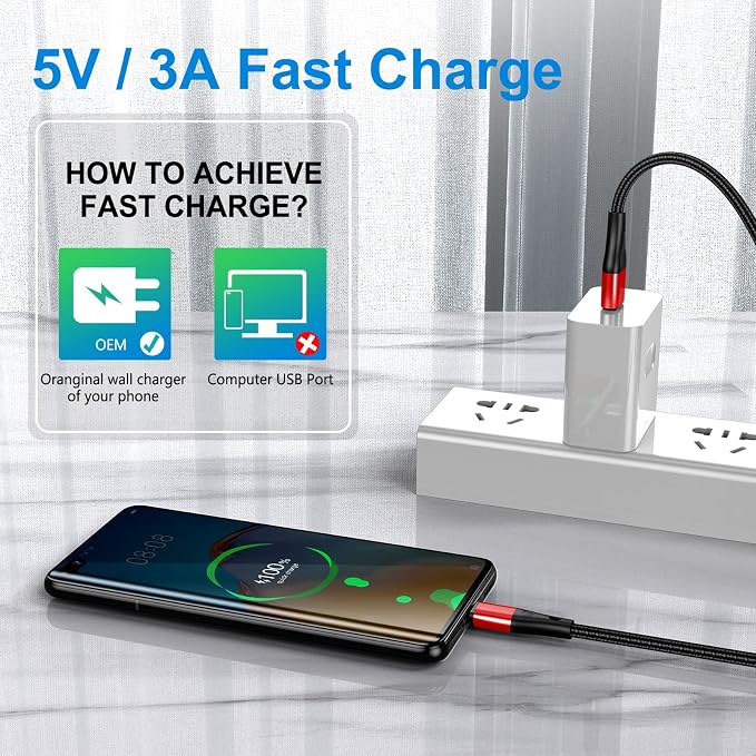 USB Type C Cable Fast Charging,3pack 10ft Premium Nylon Braided 3A Rapid Charger Quick Cord,Type C to A Cable Compatible for Samsung Galaxy S21 S20 S10 S9 S8 Plus,Note 20 10 9 8, LG V50 V40 G8（Red）