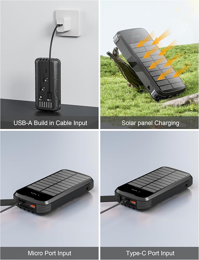 MINRISE Solar Charger Power Bank, 40000mAh Portable Charger PD 20W Fast Charging Solar Power Bank Built in 4 Cables and USB-C in/Output, Camping Essentials External Battery Pack with Flashlights