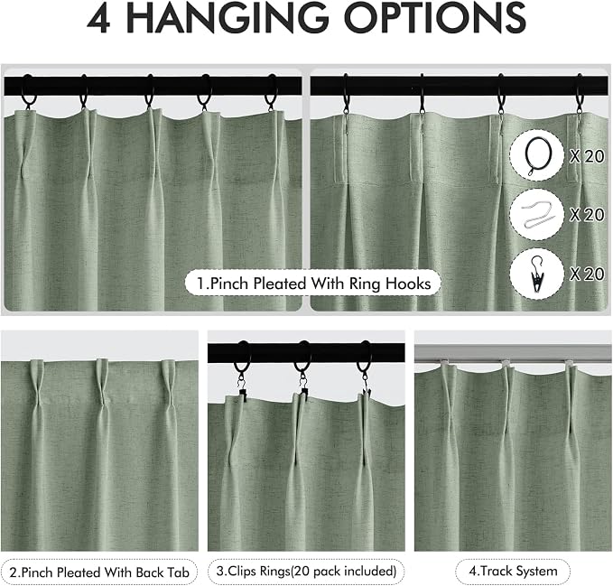 Memory Trained Pinch Pleated Curtains 108 Inches Long, Viral Linen Pinch Pleat Sheer Curtains with Ring Hooks&Clips for Track System Living Room, Sage Green Light Filtering Privacy Curtain 2 Panel Set