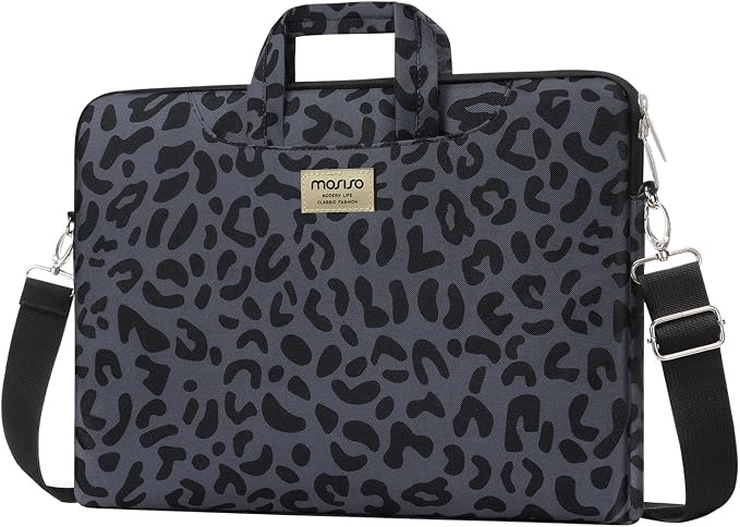 MOSISO Laptop Shoulder Bag, 15.6 inch Computer Bags Compatible with MacBook Air 15 inch M4 M3 M2/Pro 16 M4 M3 M2 M1 2025-2019, 15-15.6 inch Notebook, Leopard Grain Briefcase Sleeve with Belt