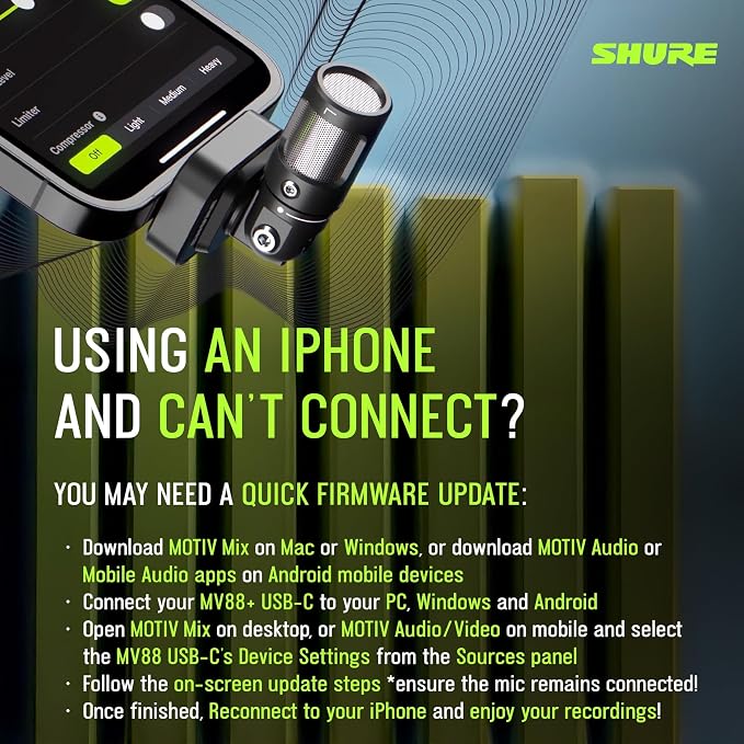 Shure MV88 USB-C Microphone for Mobile Recording, Portable Mic for Vlogging with Auto Level Mode, Real-Time Denoiser for Smart Noise Cancelling & 4 Polar Patterns, Black