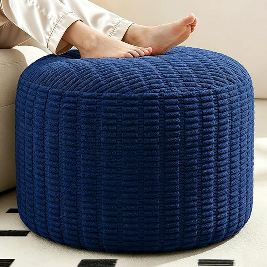 Round Corduroy Ottoman Foot Rest Pouf for Living Room Couch - Soft Plush Shredded Foam Filled Hassock Stool, Comfy Footstool for Adults (Navy - Chunky Corduroy, 26 INCH×18 INCH)