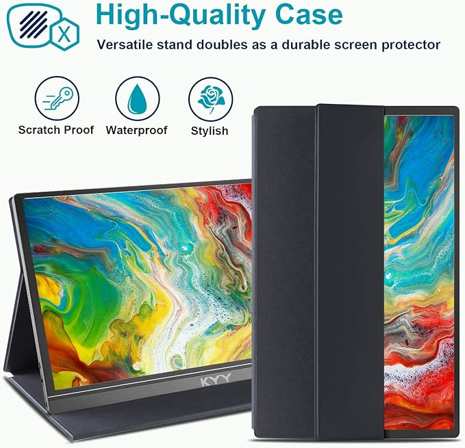 KYY Portable Monitor 15.6inch 1080P FHD USB-C, HDMI Computer Display HDR IPS Gaming Monitor w/Premium Smart Cover & Screen Protector, Speakers, for Laptop PC MAC Phone PS4 Xbox Switch