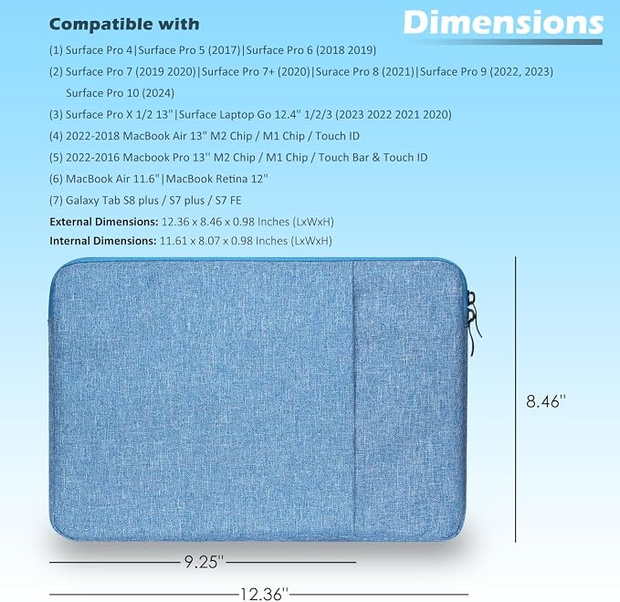 ProElife 12-Inch Laptop Tablet Sleeve Case Canvas Cover for 2023-2014 Surface Pro 4/5 / 6/7 / 7+ / 8/9|Surface Laptop Go 1/2/3 12.4"|MacBook Air/Pro 13'' M1|Galaxy Tab S8+/S7+ Bag (Blue)