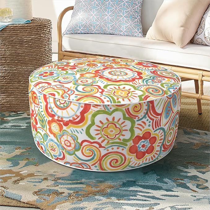 DYTXIII Inflatable Ottoman Stool D21 xH9 for Outdoor/Indoor Use, Water Repellent Patio Foot Rest Stool with Portable Handle,Round Pouf Ottoman Suitable for Garden,Deck and Camping - Flower Red