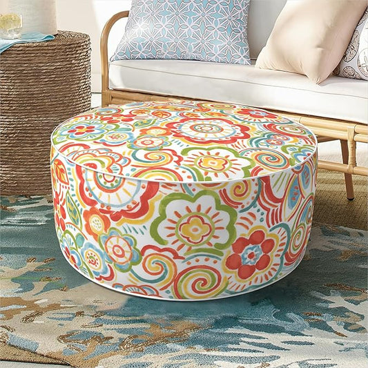 DYTXIII Inflatable Ottoman Stool D21 xH9 for Outdoor/Indoor Use, Water Repellent Patio Foot Rest Stool with Portable Handle,Round Pouf Ottoman Suitable for Garden,Deck and Camping - Flower Red