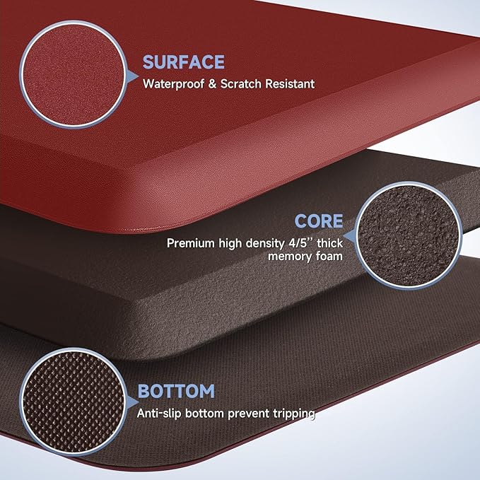 4/5 Inch Thick Kitchen Mats for Floor, StepRite Kitchen Rug for Standing Desk, Non-Slip, Thicker, Stain & Water Resistant, Comfort Anti Fatigue Floor Mat for Home, Kitchen, Office - Red,54 * 22''