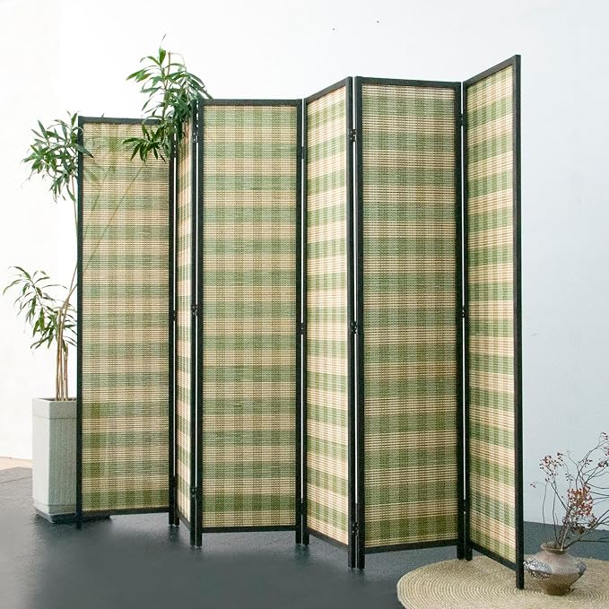 Furnnylane 6 Panel Bamboo Room Divider - 5.6 ft Tall (67" H x 94.5" W), Double-Sided Folding Privacy Screen in Green Woven Stripe, No-Drill Freestanding Partition for Home Office & Bedroom