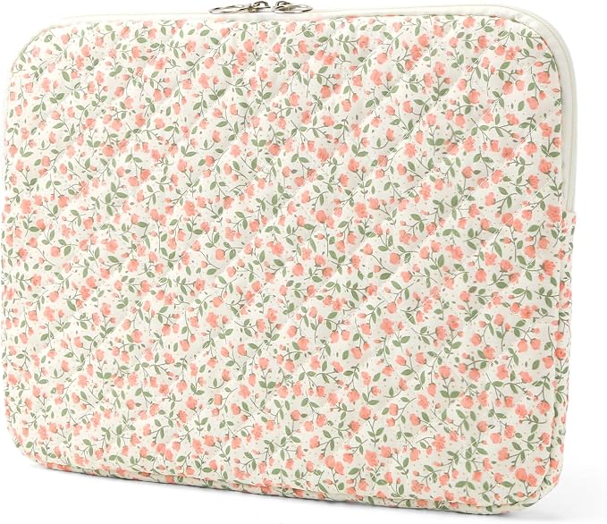 Puffy Laptop Sleeve 13-15.6 Inch Cute Quilted Laptop Protective Case Padded Floral Computer Sleeve for MacBook (B-Pink, 15 Inch)