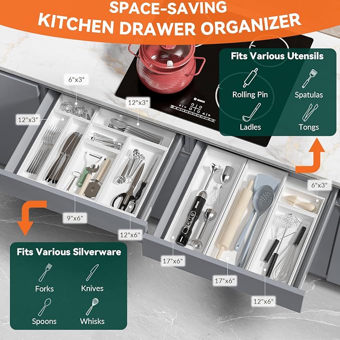 Lixple Bamboo Drawer Organizer, Extra Large Silverware Organizer for Kitchen Drawer, Stackable Utensil Organizer, 2 Pcs Toilet Tank Topper Tray, Wooden Toilet Paper Basket (White, 17 X 6 X 2 Inch)