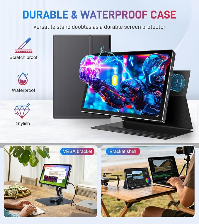 10.1 Portable Touchscreen Monitor - 1920×1200 FHD IPS 16:10,100% sRGB 1500:1,10-Point Touch Diaplay with Speaker HDMI USB-C VESA Magnetic Case for Travel Mac PC Xbox PS4/5 Loptop Phone(black dark)