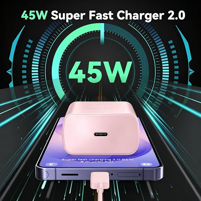 45W Super Fast Charger USB C Android Phone Type C Charger Fast Charging Block with 6.6FT Cord for Samsung Galaxy S26/S26 Ultra/S26+/S25 Ultra/S25/S24 Ultra/S24/S23 Ultra/S22/S21/S20/Note 10, Pink