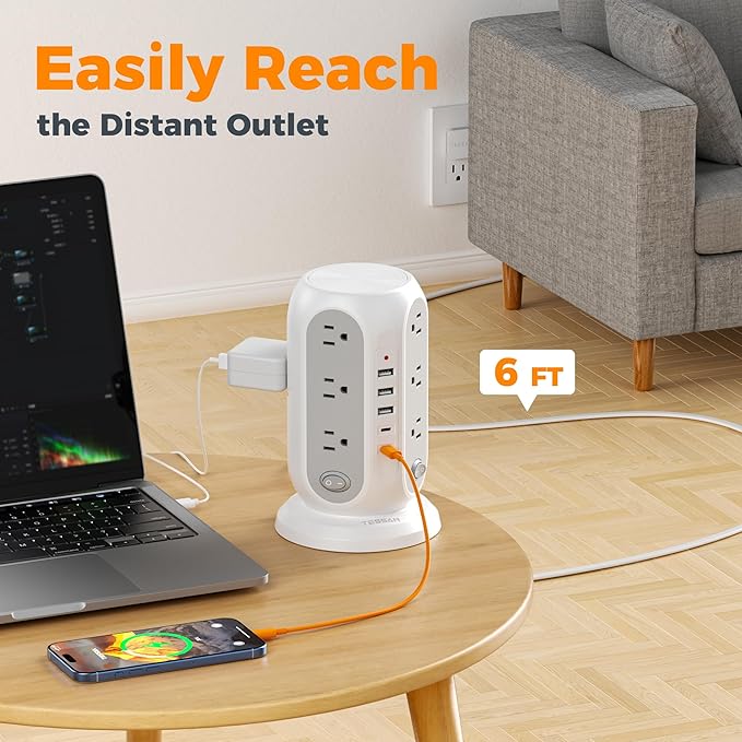 TESSAN Tower Power Strip with Individual Switches, Surge Protector with 12 Outlets, 5 USB Ports(2 USB C), Flat Extension Cord 6 Ft, 1250W, Charging Station for Multiple Devices, Office, Dorm, Grey