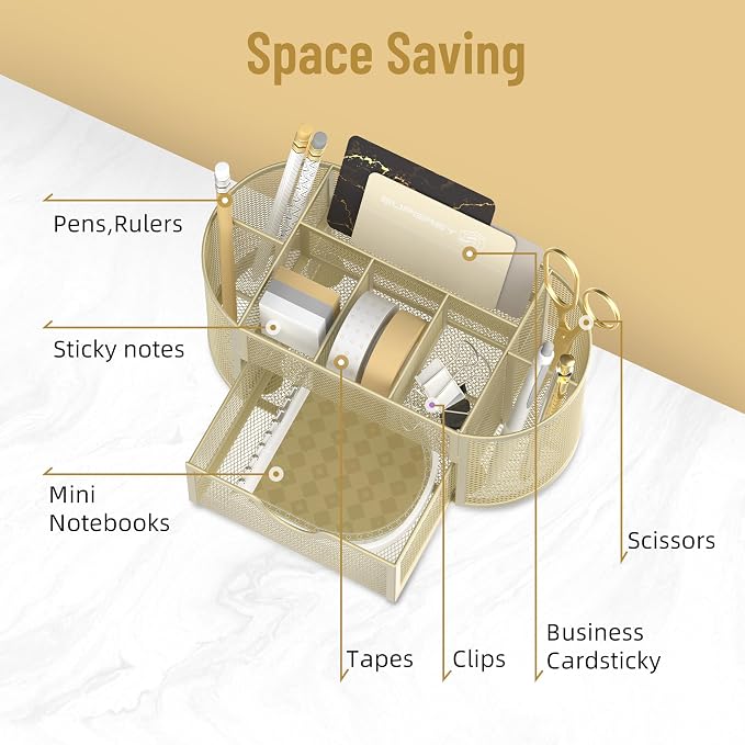 SUPEASY Mesh Desk Organizer, Desk Accessories & Workspace Organizers with Drawers, Pencil Holder for Desk with 9 Compartments for Office Suppliess, 8.6 x 4.3 x 4.1 Inch, Yellow