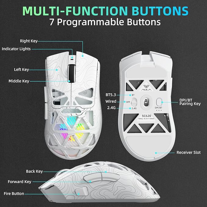 Aula SC620 Wireless Gaming Mouse, Tri-Mode 2.4GHz/USB-C/BT5.3 Computer Mouse with 12000 DPI, Programmable Macro Gamer Mouse with Rapid Fire Key, RGB Light Gaming Mice for PC/Laptop/Mac (Line White)