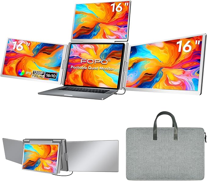 16" Laptop Screen Extender Monitor Portable, Quad Monitor, Just 1 Cable for 3 Screens, FHD 1200P IPS Laptop Extender Compatible with Wins/Mac for 13.6" - 18.5" Laptops