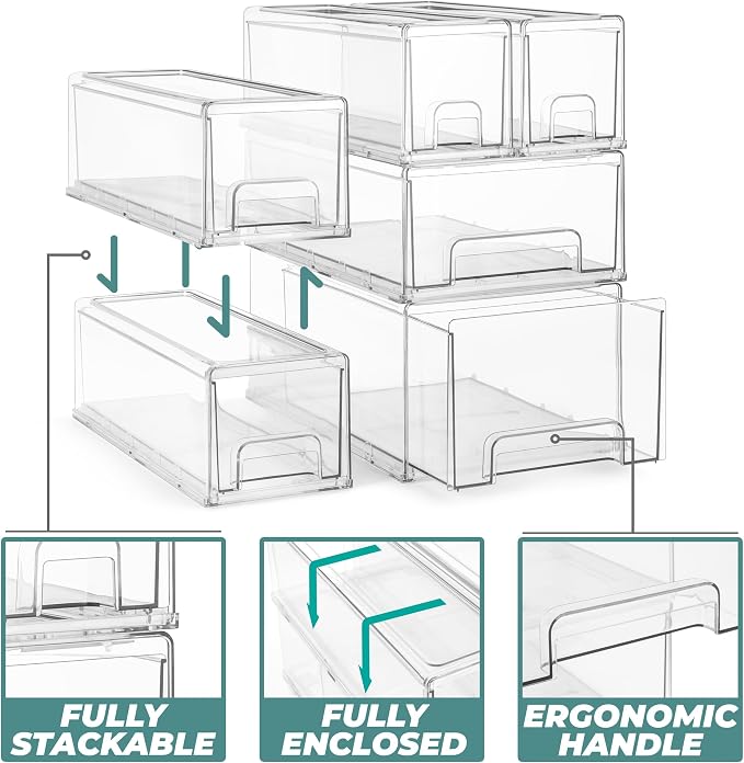 Sorbus Small Clear Stackable Storage Drawers – 4-Pack Plastic Organizer Bins with Handles – Stackable Pull-Out Storage Drawers for Closet, Pantry, Office, Bathroom, Craft, and Toy Organization