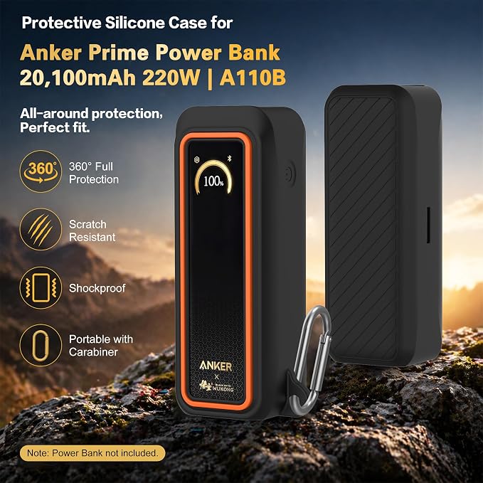 Silicone Case for Anker Prime Power Bank 20100mAh 220W Travel Protective Cover, Full-Body Shockproof | Compact | Tactile Grip | Impact Protect for Anker Power Bank 220W with Keychain (Black Orange)