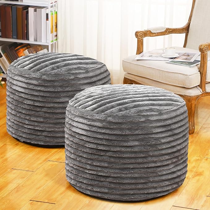 Teenyyou 2 Pcs 26 x 18 Inch Unstuffed Pouf Cover Ottoman Foot Rest - No Filler, Faux Rabbit Fur Foot Stool Floor Bean Bag Floor Chair Storage for Living Room Bedroom Home Decor(Gray)