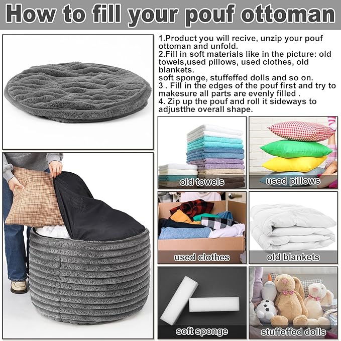 Teenyyou 2 Pcs 26 x 18 Inch Unstuffed Pouf Cover Ottoman Foot Rest - No Filler, Faux Rabbit Fur Foot Stool Floor Bean Bag Floor Chair Storage for Living Room Bedroom Home Decor(Gray)